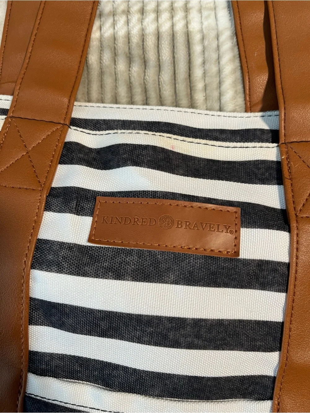Kindred Bravely Black & White Striped Tote with Brown Accents